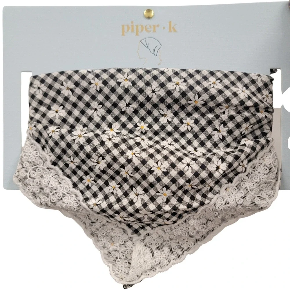 NEW Piper K Gingham Daisy Floral Head Scarf Lace Trim Cottagecore‎ Tie Back